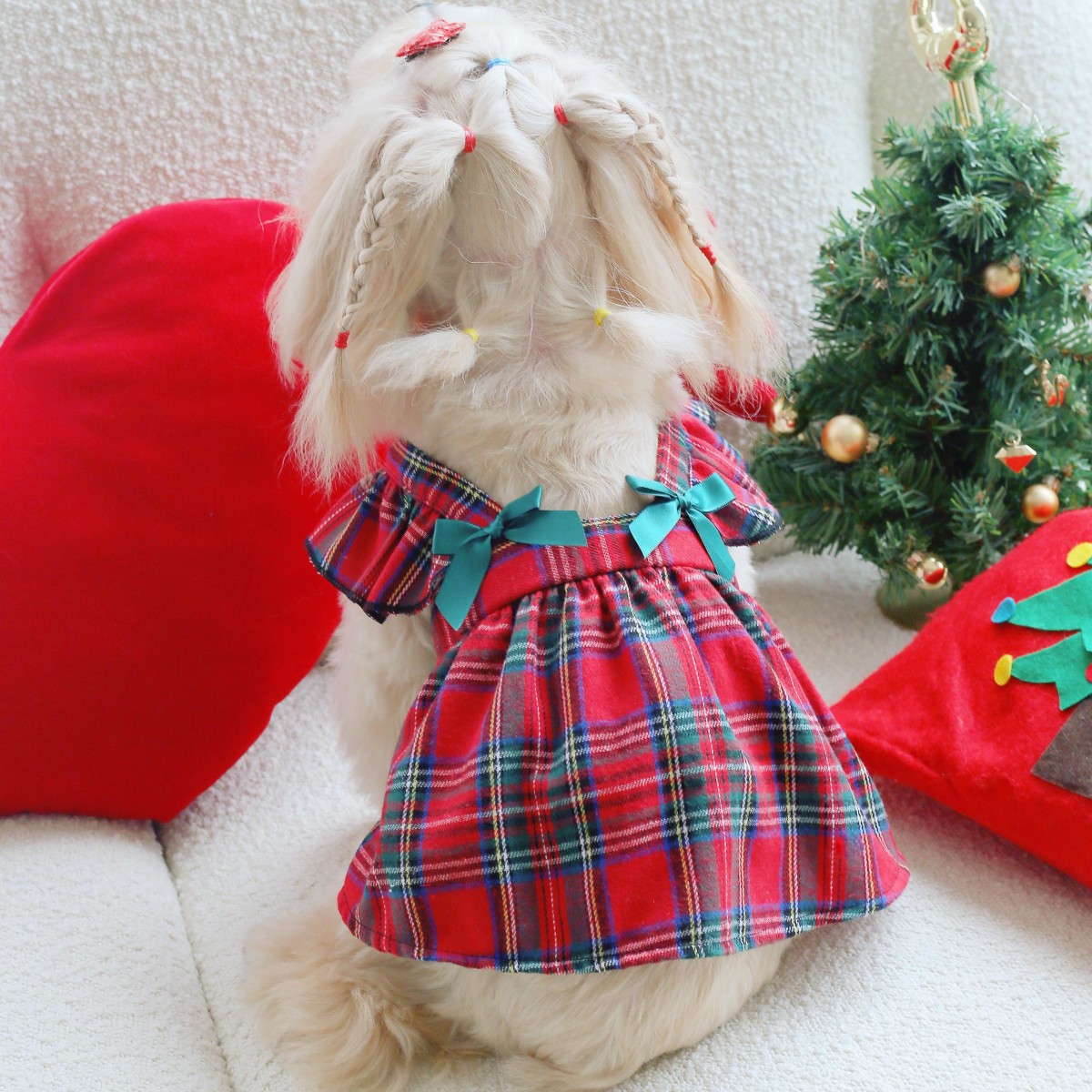 Red Tartan Pattern  Plaid Dog Dress with Turquoise Bow